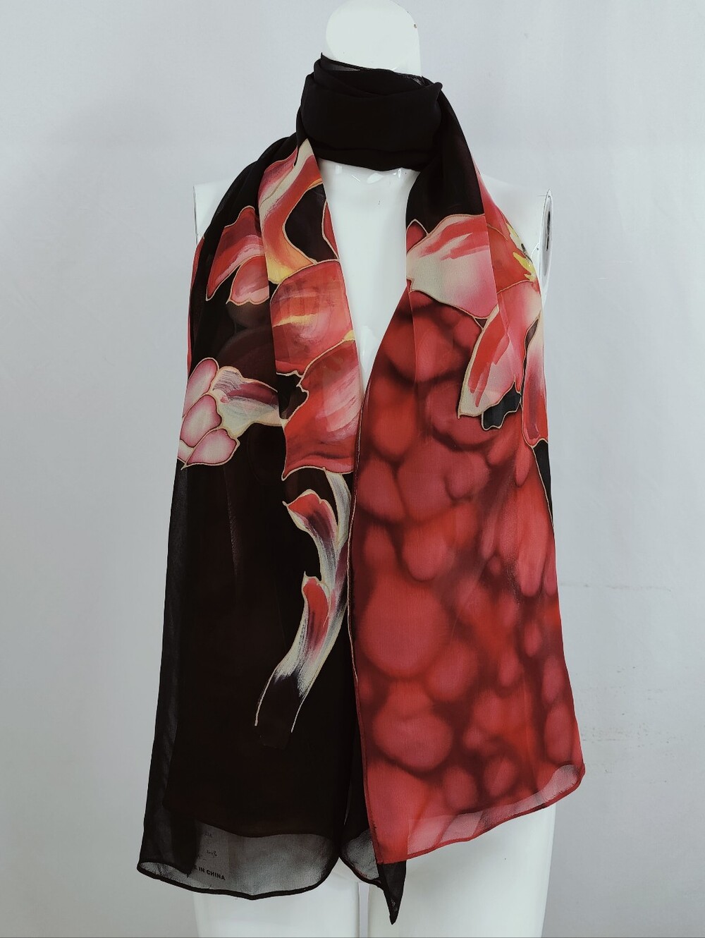 All That Glitters for Sterling Styles Black Red Lily Floral Print Silk Scarf